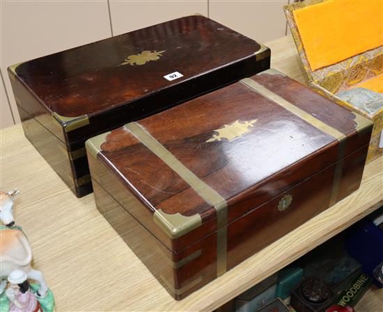 Two Victorian rosewood writing slopes Largest 46cm wide x 25cm deep x 16cm high